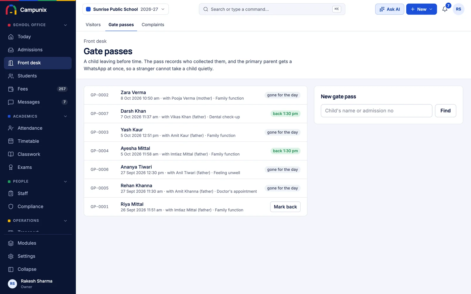 Gate passes: who collected the child, and the parent told