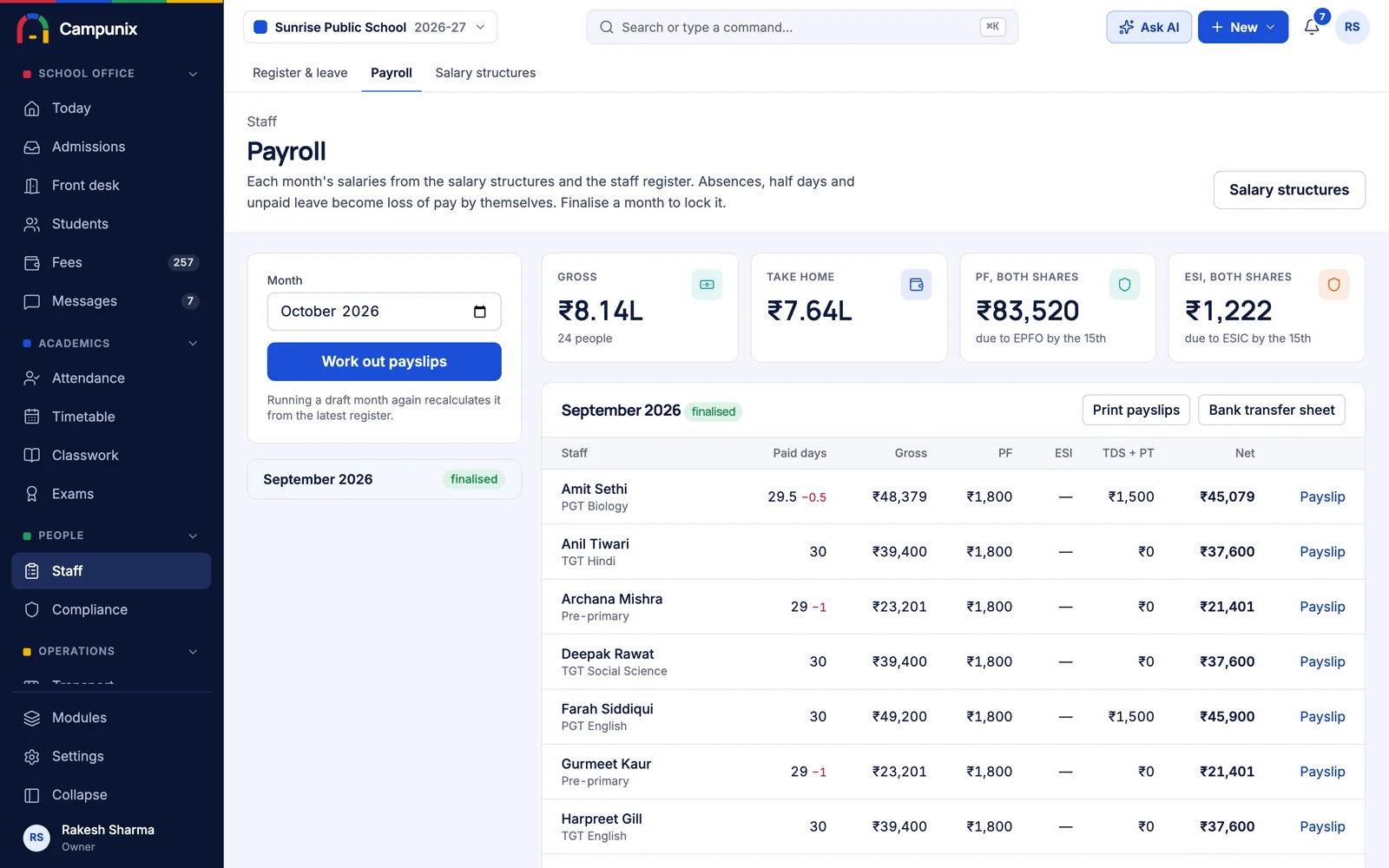Staff and payroll: Register, leave, PF, ESI, payslips